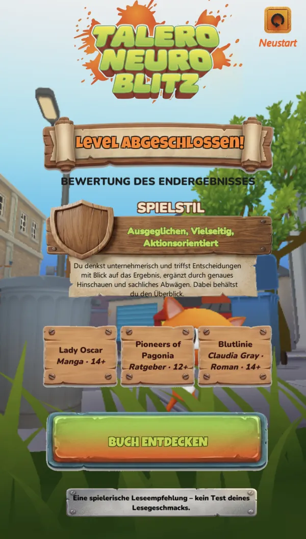 NeuroBlitz result screen showing a player's play style and three matching recommendations